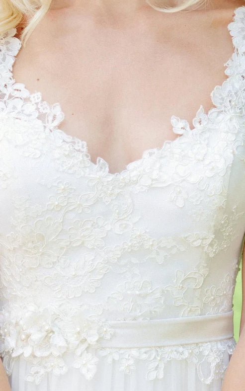 Luolandi Long Chiffon Lace Weddig Dress With Beading Flower Floor Length