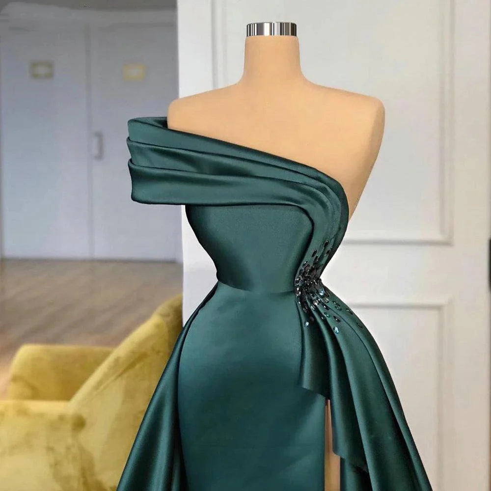 Luolandi Long Dark Green Satin Prom Dress Elegant Split Evening Gowns Floor Length december wedding guest dress
