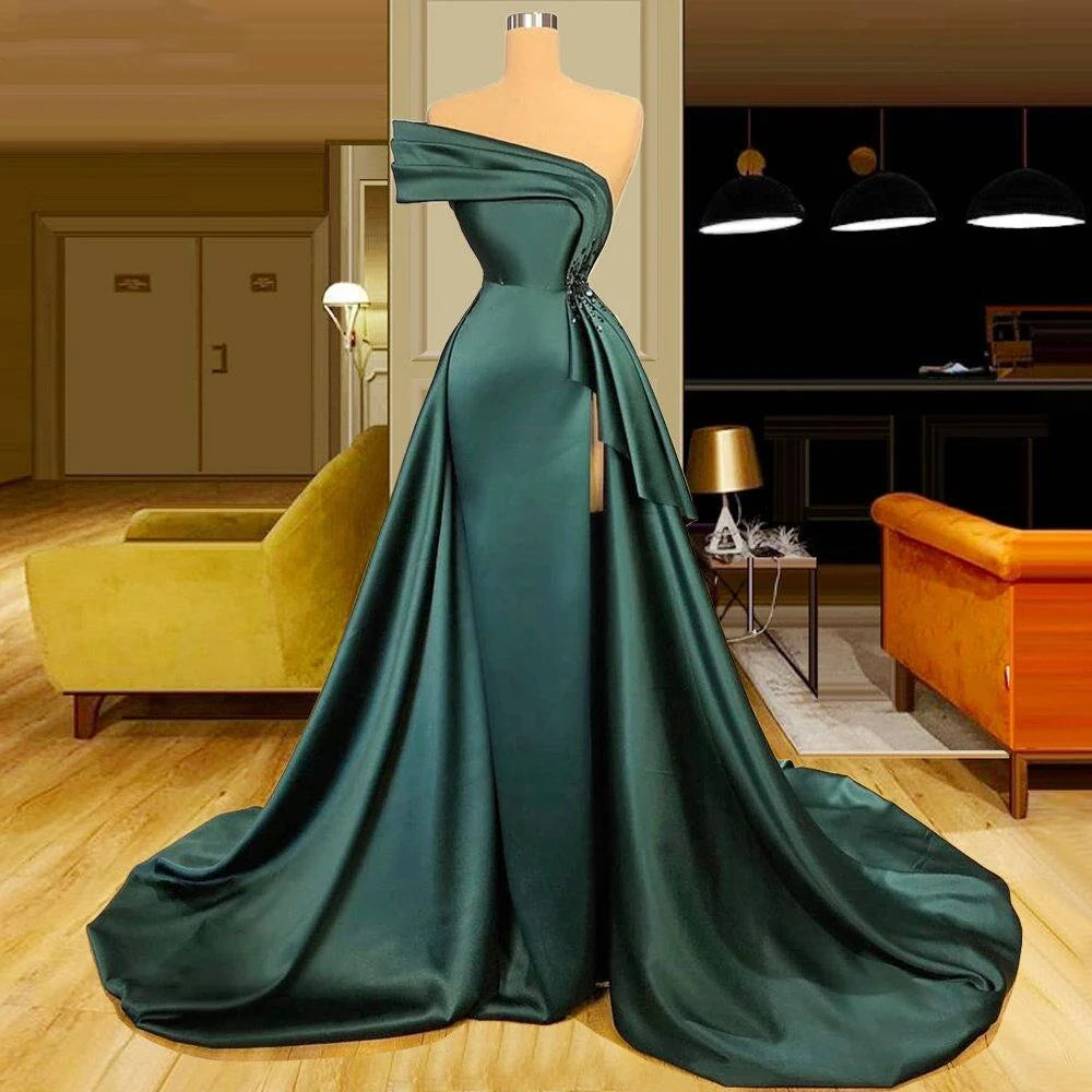 Luolandi Long Dark Green Satin Prom Dress Elegant Split Evening Gowns Floor Length december wedding guest dress