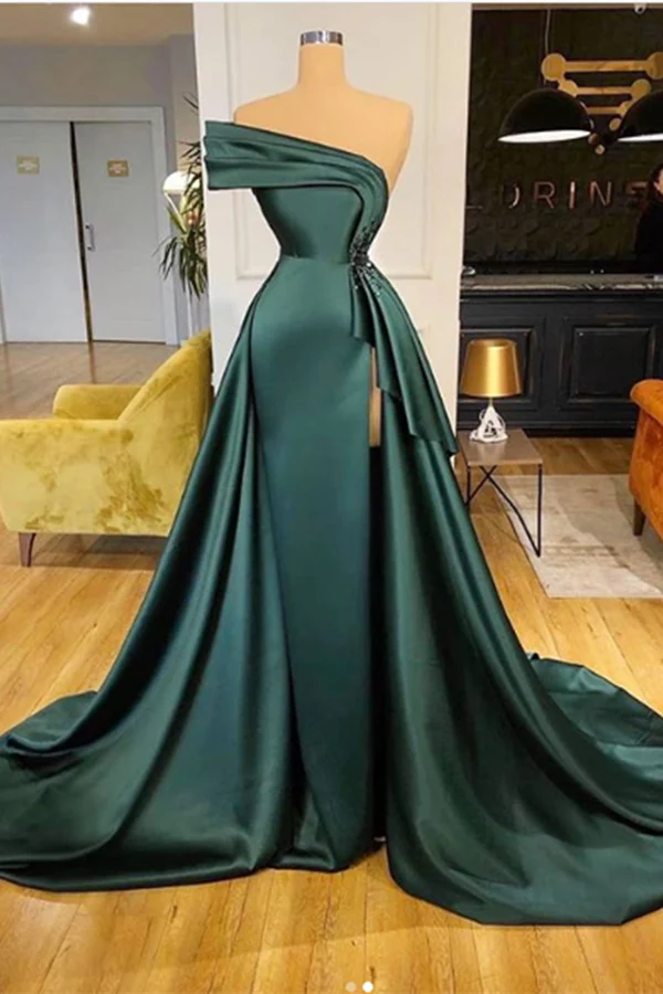 Luolandi Long Dark Green Satin Prom Dress Elegant Split Evening Gowns Floor Length december wedding guest dress