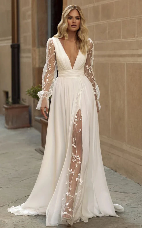 Luolandi Long Sleeve Boho Flowy Wedding Dress Lace A-Line V-Neck Beach Gown with Split Front and Sweep Train Sexy