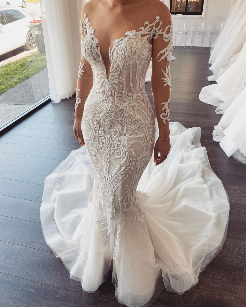 Luolandi Ivory Wedding Dress Long Sleeves V Neck Lace Mermaid Tulle Bridal Dress Elegant Sexy