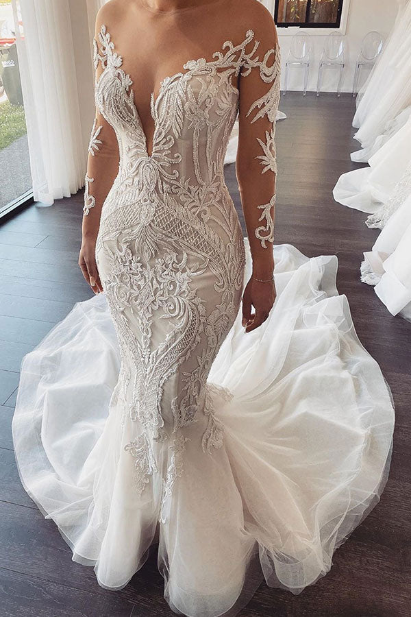 Luolandi Ivory Wedding Dress Long Sleeves V Neck Lace Mermaid Tulle Bridal Dress Elegant Sexy
