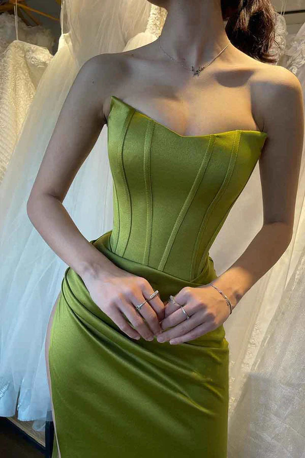 Luolandi Sheath/column shoulder strap pleated long green formal evening dress Sexy Party Dress