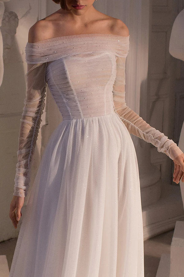 Luolandi A line strapless pearl long sleeved trailing beach wedding dress Off Shoulder Beautiful