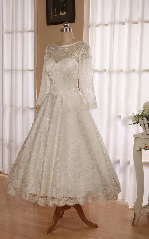 Luolandi Low V Back Tea Length Lace Wedding Dress Long Sleeve Elegant Formal Dress