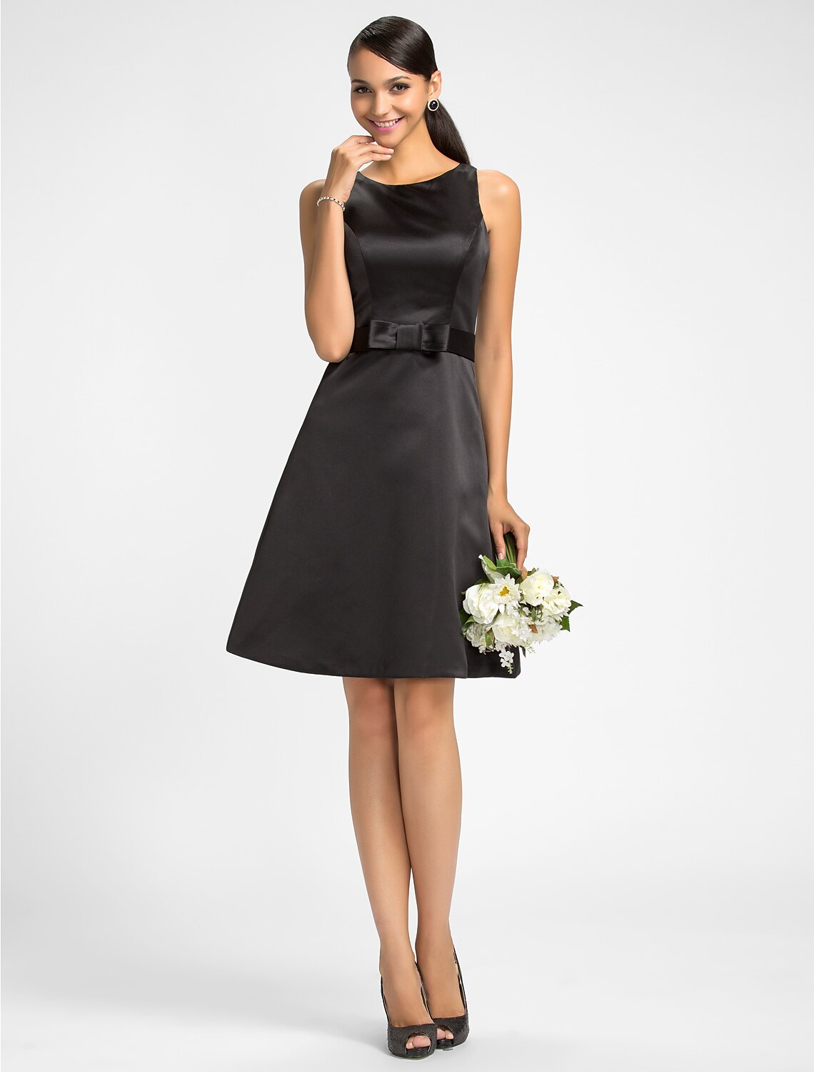 Luolandi A-Line Jewel Neck Knee Length Satin Bridesmaid Dress with Bow(s) / Sash