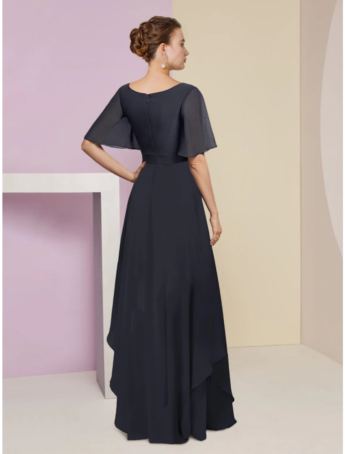 Luolandi A-Line Mother of the Bride Dress Wedding Guest Elegant V Neck Floor Length Chiffon Short Sleeve with Crystal Brooch