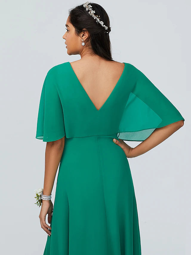 Luolandi Sheath / Column Bridesmaid Dress V Neck Short Sleeve Sparkle & Shine Floor Length Chiffon with Split