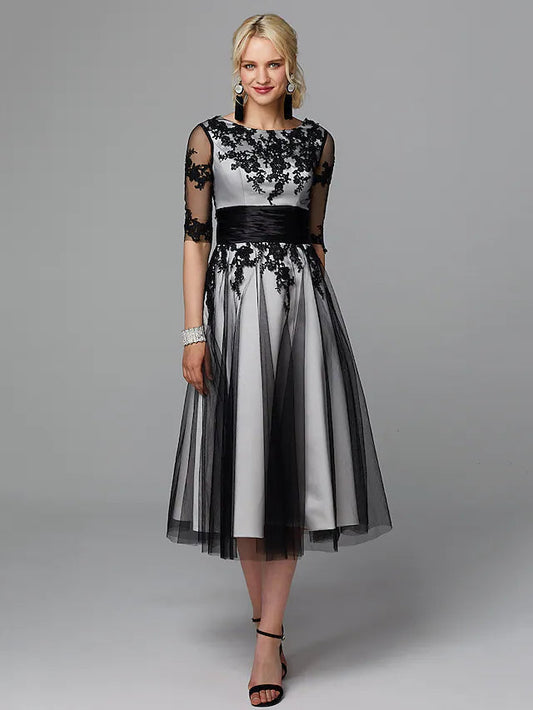 A-Line Vintage Dress Wedding Guest Tea Length Half Sleeve Jewel Neck Lace with Sash / Ribbon
