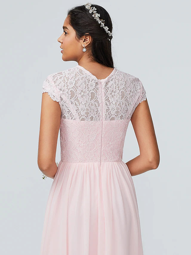 Luolandi A-Line Bridesmaid Dress Jewel Neck Sleeveless Elegant Floor Length Chiffon with Lace Sparkle & Shine