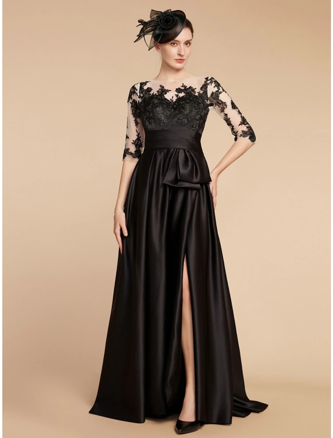 Luolandi A-Line Mother of the Bride Dress Wedding Guest Elegant Party Jewel Neck Sweep / Brush Train Satin Lace Half Sleeve with Split Front Ruching