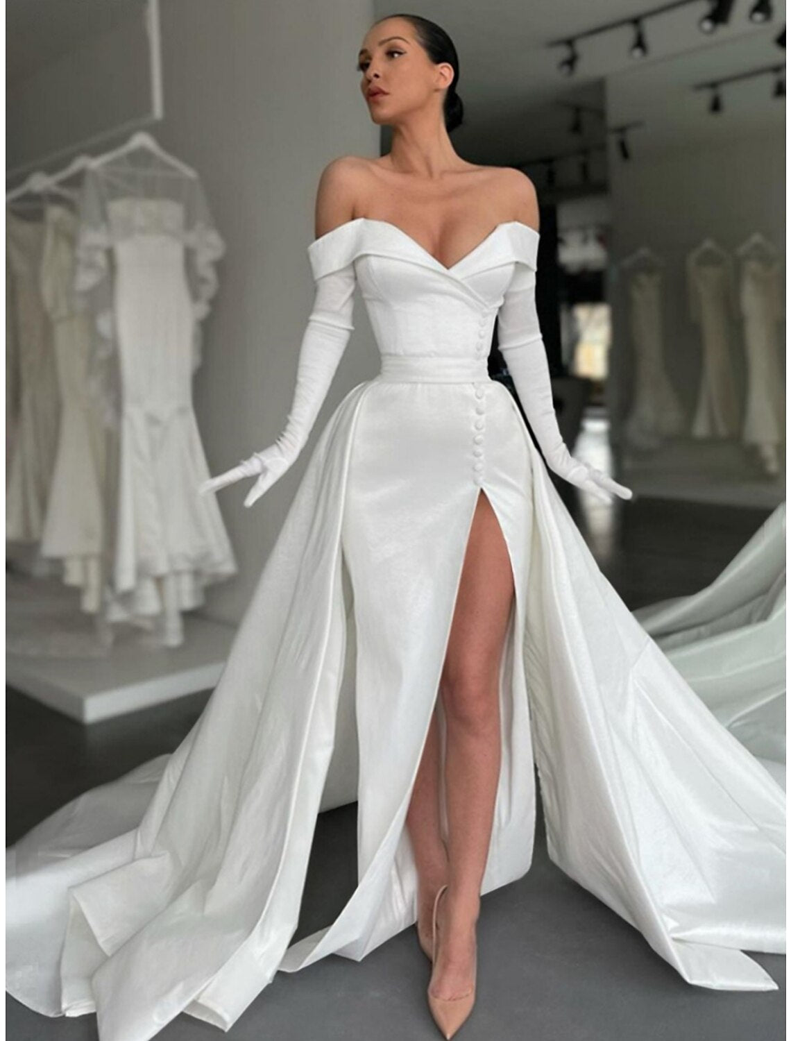 Luolandi A-Line Evening Gown Elegant Dress Formal Court Train Long Sleeve Off Shoulder Satin with Buttons Pleats