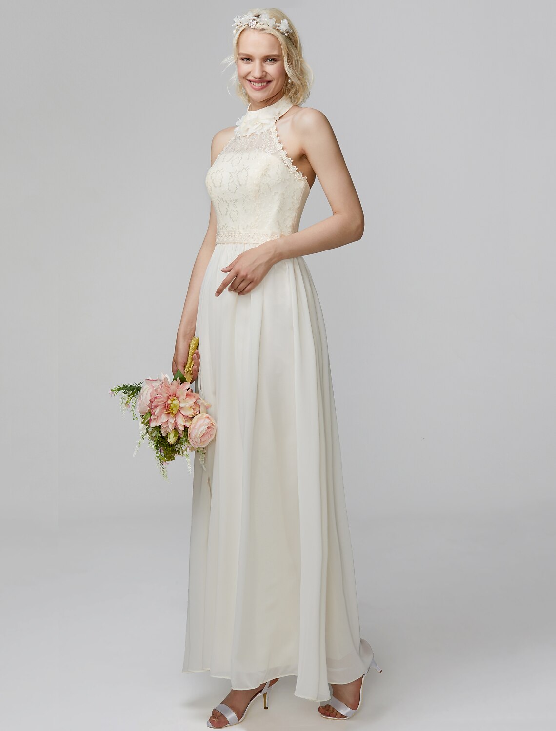 Luolandi Sheath / Column High Neck Floor Length Chiffon / Lace Bodice Bridesmaid Dress with Sash / Ribbon