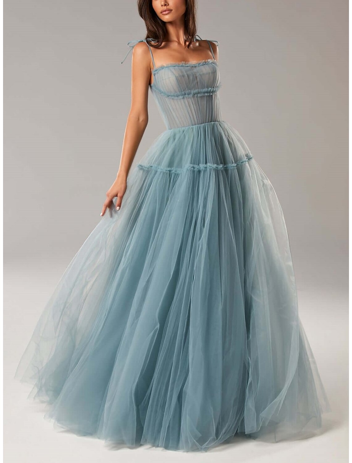 Luolandi A-Line Prom Dresses Elegant Dress Wedding Guest Floor Length Sleeveless Spaghetti Strap Tulle