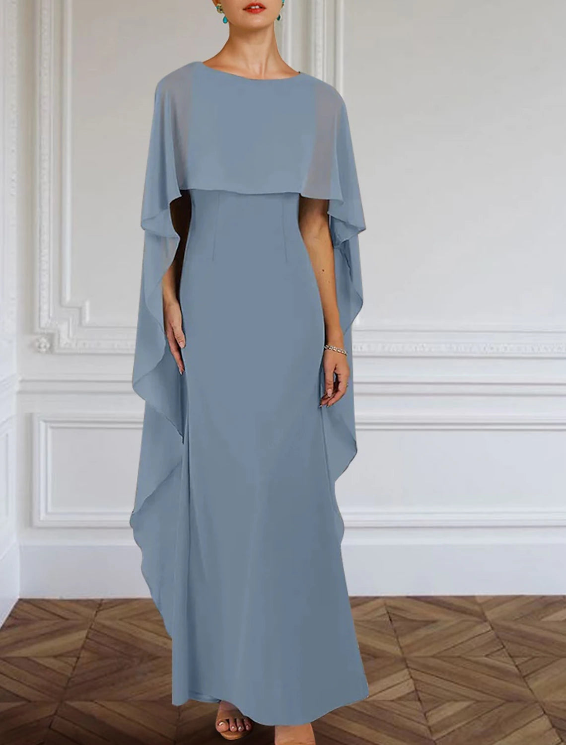 Luolandi Sheath / Column Mother of the Bride Dress Formal Wedding Guest Elegant Simple Jewel Neck Floor Length Chiffon Sleeveless with Side Draping