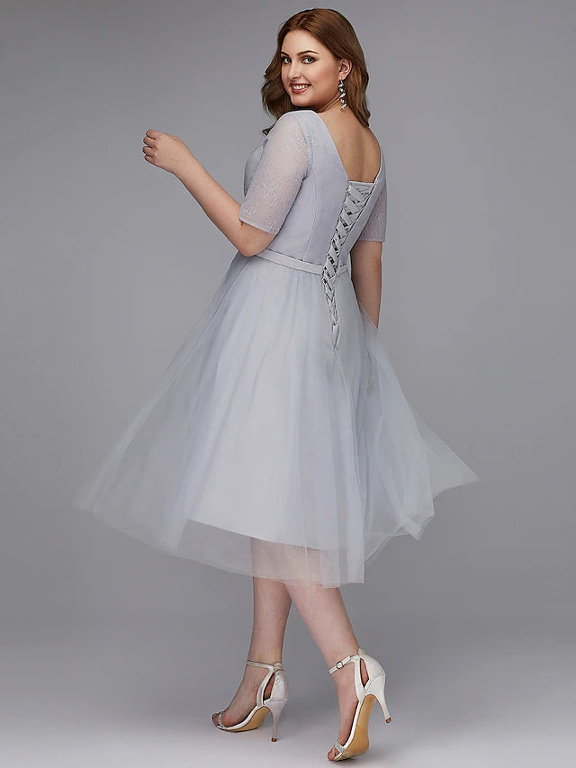 A-Line Elegant Dress Wedding Guest Tea Length Short Sleeve V Neck Lace Lace-up with Sash