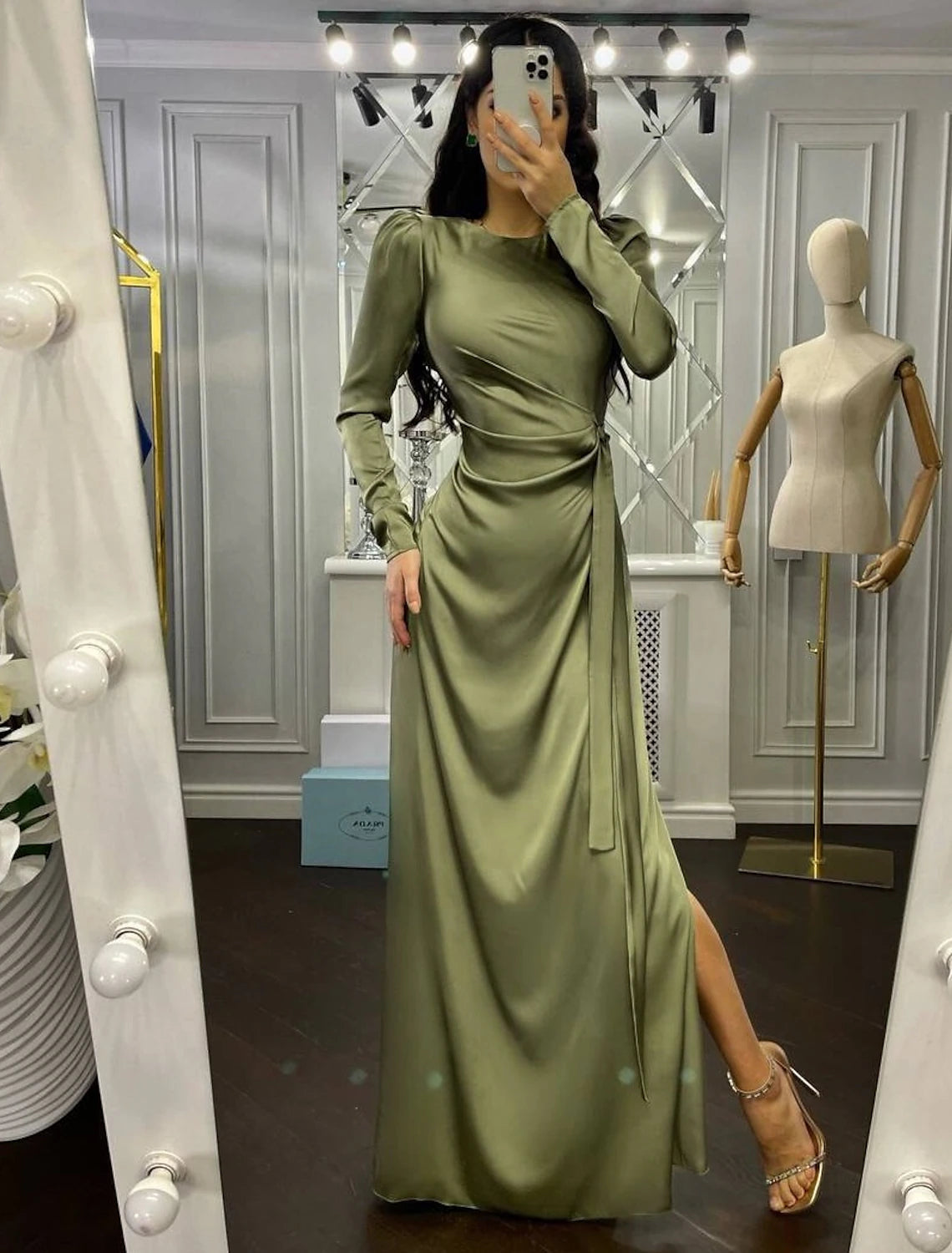 Luolandi Sheath Party Dress Evening Gown Elegant Dress Wedding Guest Fall Floor Length Long Sleeve High Neck Bridesmaid Dress Satin