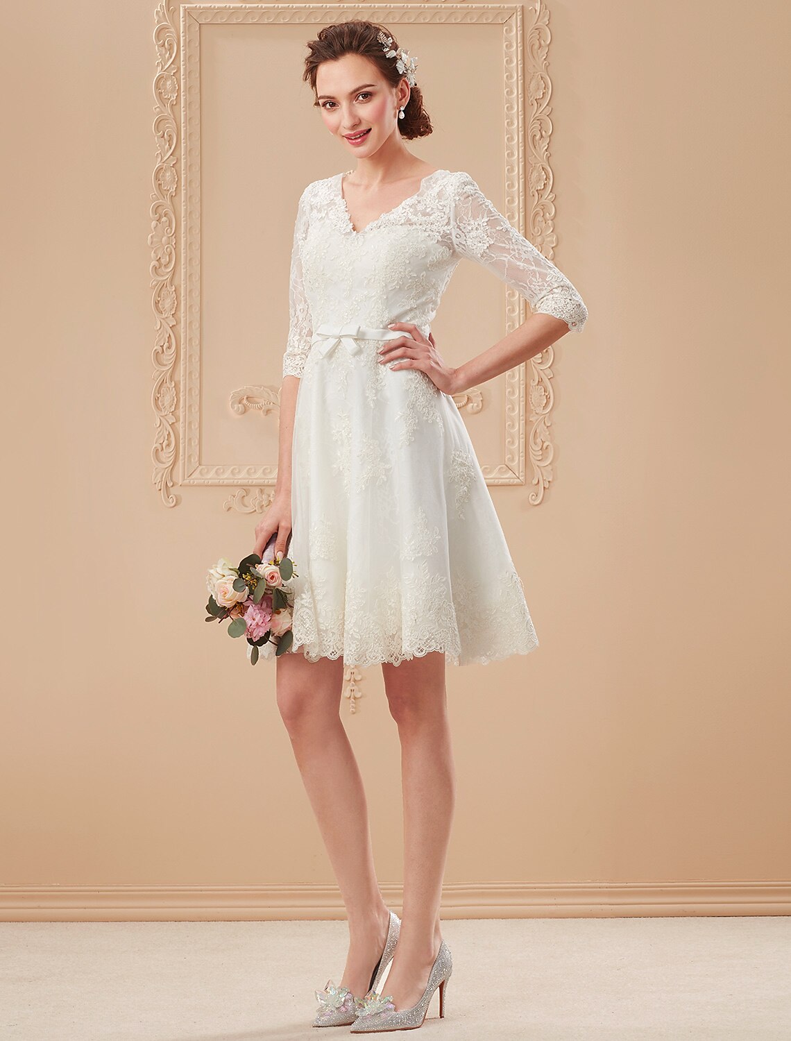 Luolandi Little Dresses Wedding Dresses Knee Length A-Line Half Sleeve V Neck Lace With Bowknot Sash