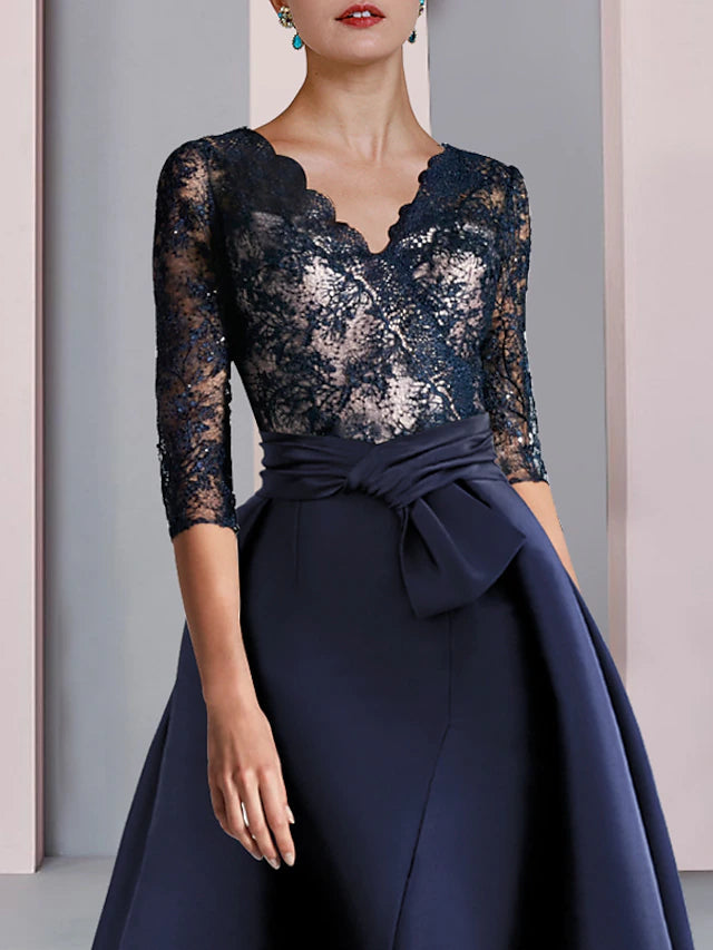 Luolandi A-Line Mother of the Bride Dress Formal Party Elegant V Neck Floor Length Satin Lace Half Sleeve