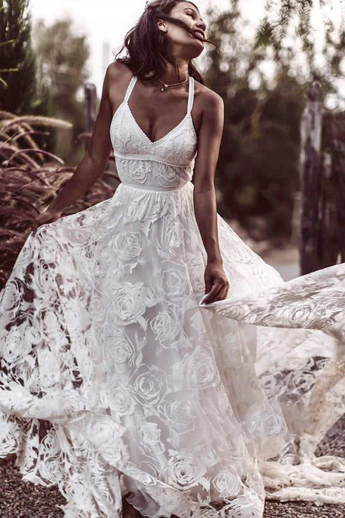 Luolandi Luxury Lace Chic Halter A-Line Bohemian Wedding Dress with Slit Bridal Gowns Sexy