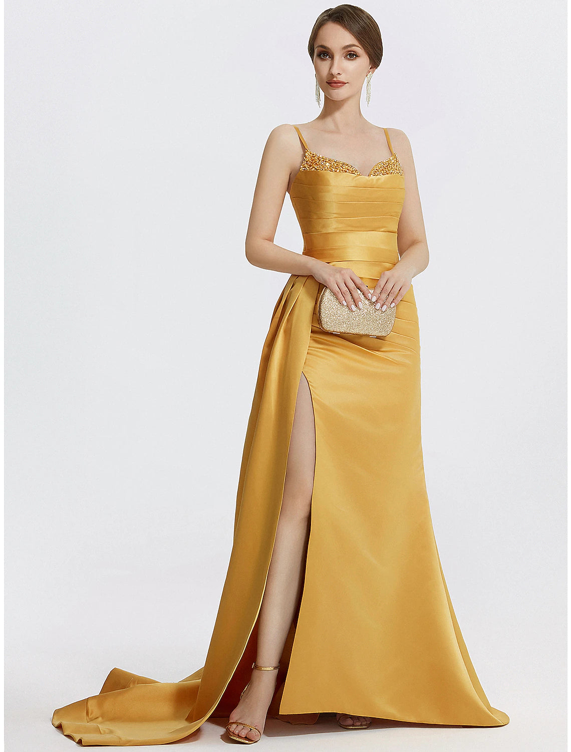 Luolandi A-Line Evening Gown Sparkle Dress Wedding Prom Sweep / Brush Train Sleeveless Spaghetti Strap Satin