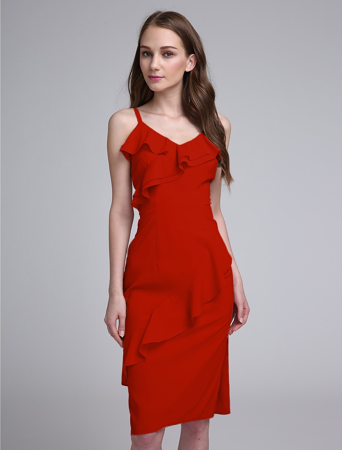 Luolandi Sheath / Column Bridesmaid Dress Spaghetti Strap Sleeveless Elegant Knee Length Chiffon