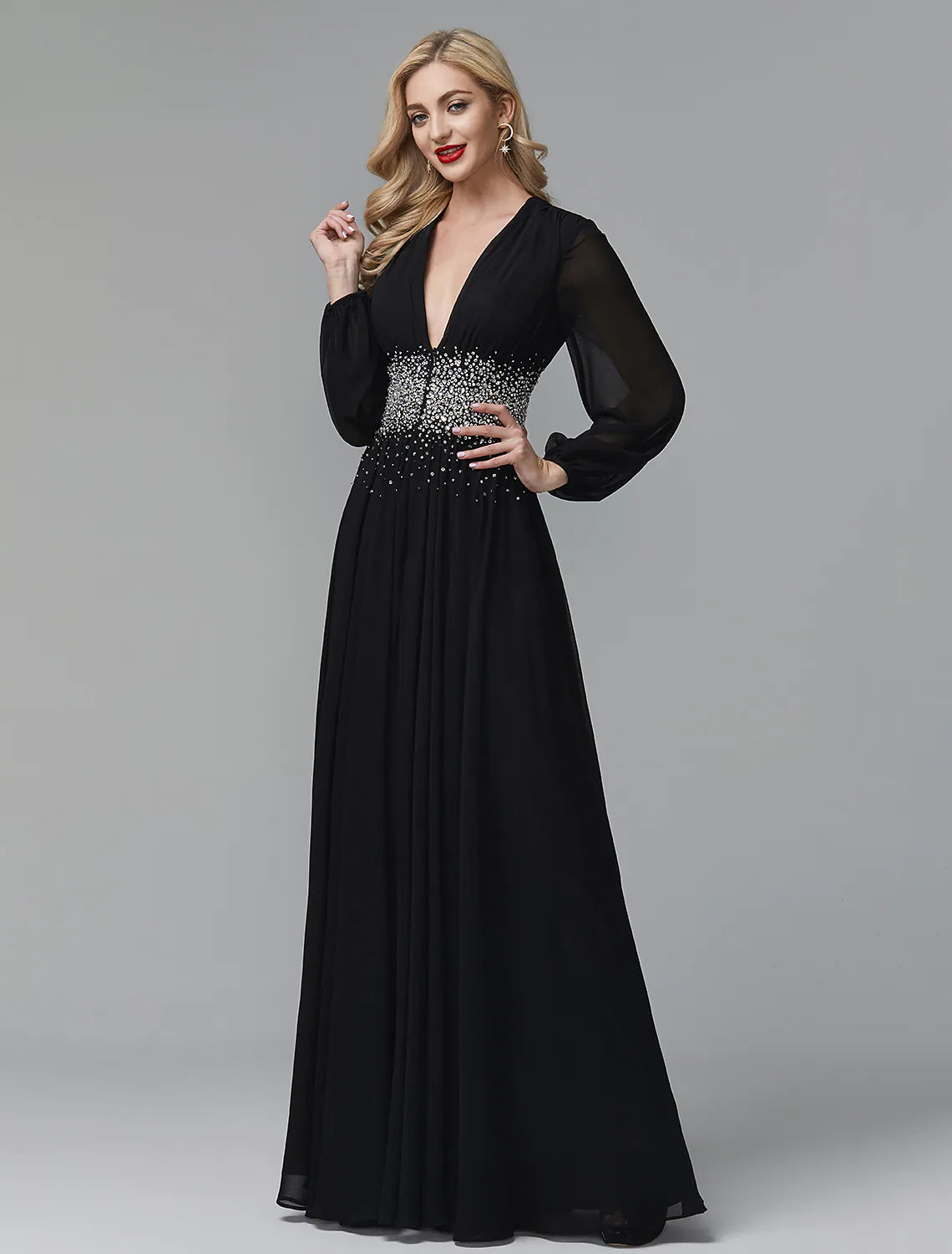 Luolandi A-Line Evening Dress Celebrity Red Carpet Formal Gown Black Tie Wedding Guest Floor Length Long Sleeve V Neck Chiffon