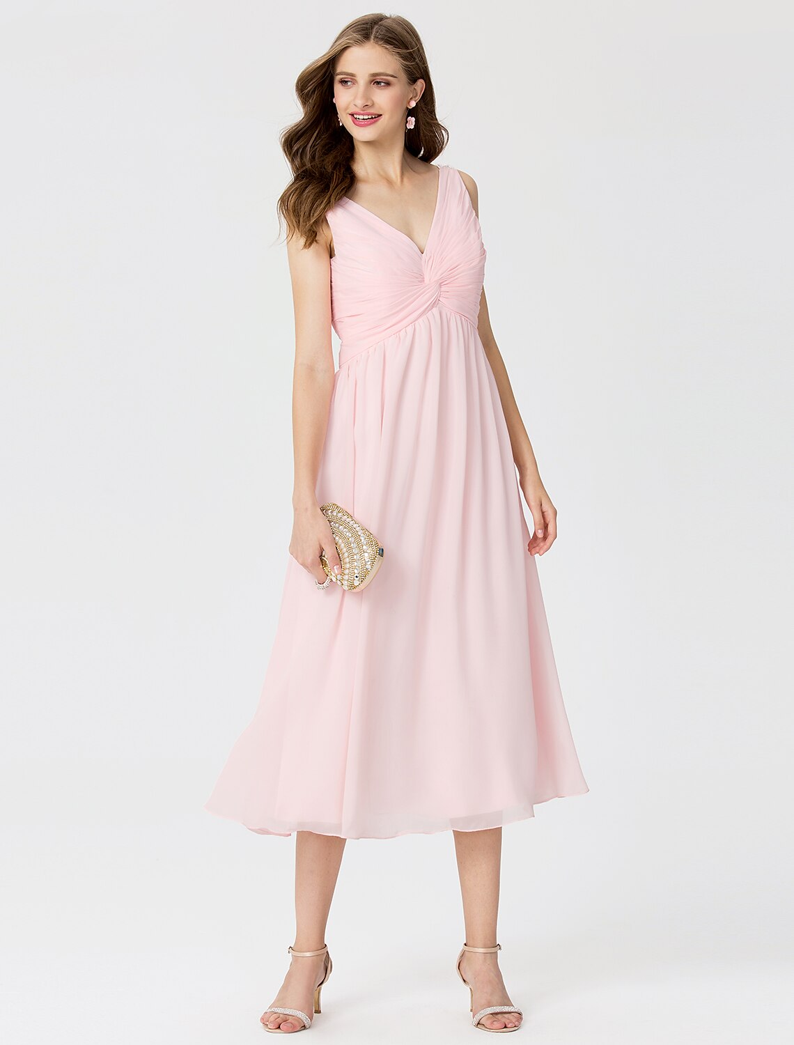 Luolandi Ball Gown / A-Line V Neck Tea Length Chiffon Bridesmaid Dress with Criss Cross
