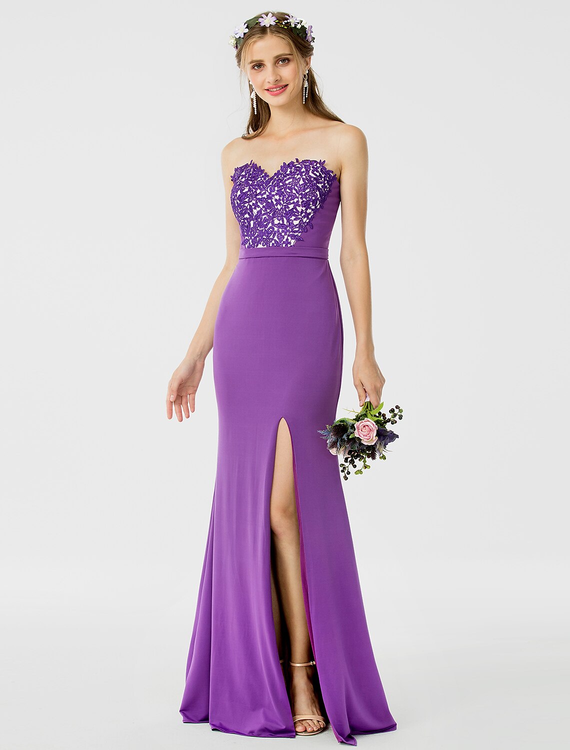 Luolandi Sheath / Column Bridesmaid Dress Sweetheart Sleeveless Open Back Floor Length Jersey / Floral Lace with Sash / Ribbon / Appliques