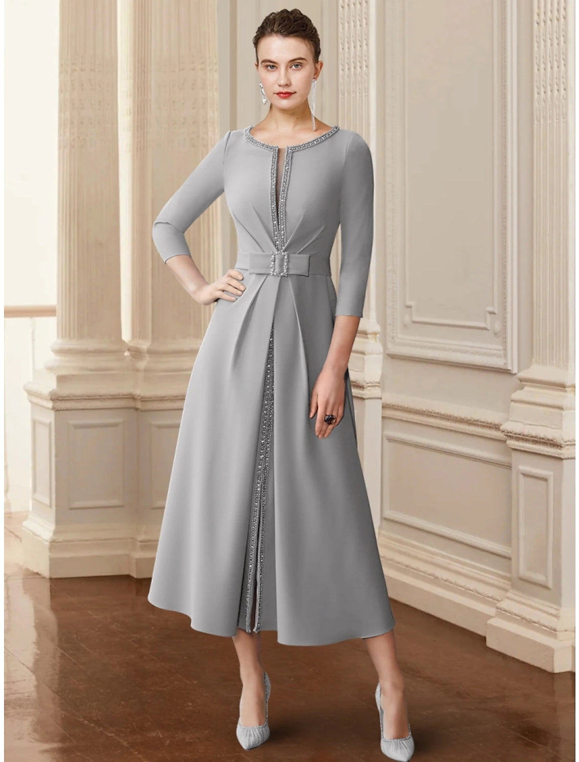 Luolandi A-Line Mother of the Bride Dress Wedding Guest Elegant Scoop Neck Tea Length Chiffon 3/4 Length Sleeve with Bow(s) Sequin