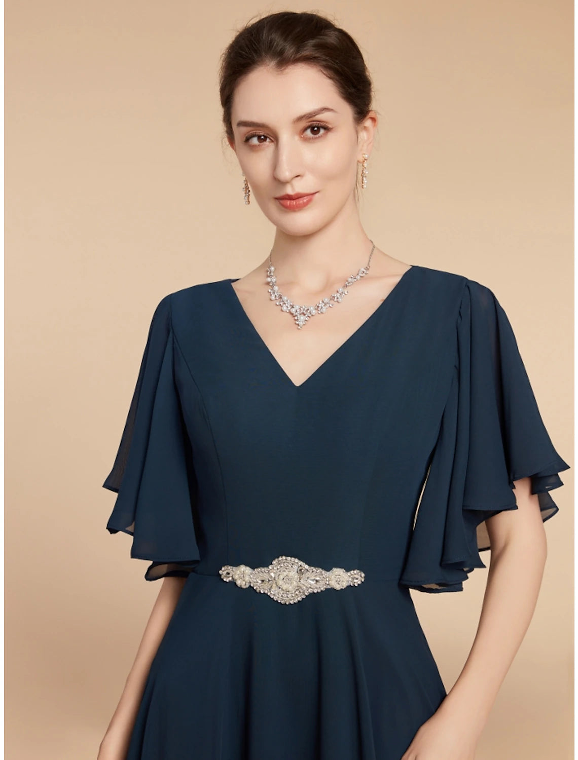 Luolandi A-Line Mother of the Bride Dress Wedding Guest Elegant Vintage V Neck Ankle Length Chiffon Lace Short Sleeve with Crystal Brooch Ruching