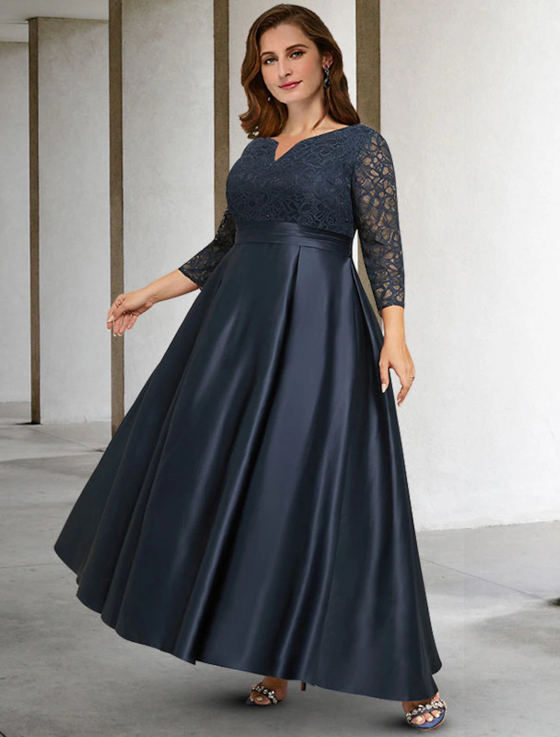 Luolandi A-Line Mother of the Bride Dresses Plus Size Hide Belly Curve Elegant Dress Formal Asymmetrical 3/4 Length Sleeve V Neck Satin with Pleats