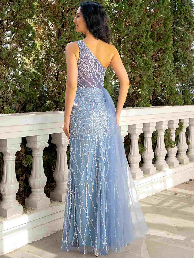 Luolandi Mermaid / Trumpet Evening Gown Cut Out Dress Wedding Party Floor Length Sleeveless One Shoulder Tulle