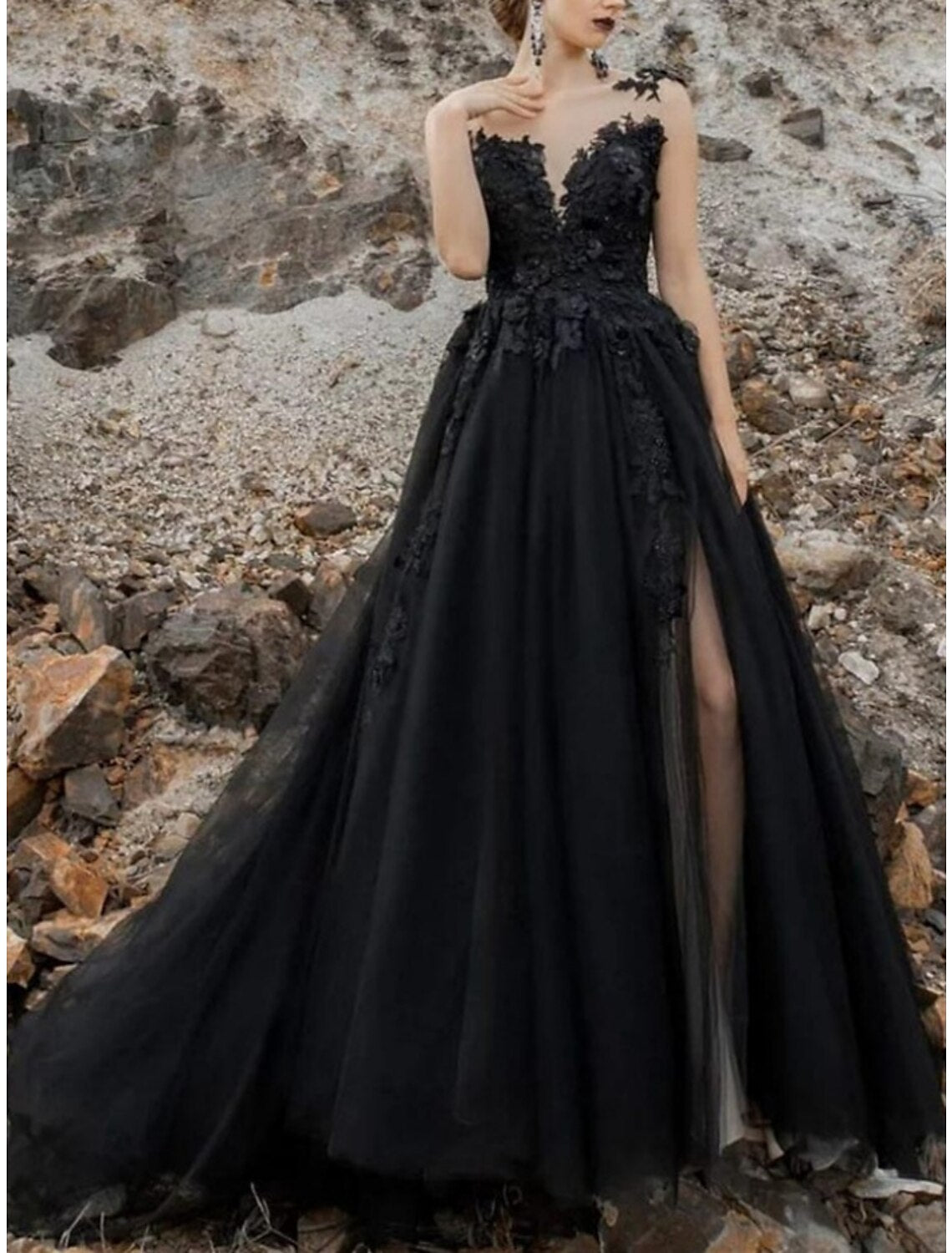Luolandi A-Line Evening Gown Elegant Dress Formal Court Train Black Dress Sleeveless Illusion Neck Tulle with Pleats Slit