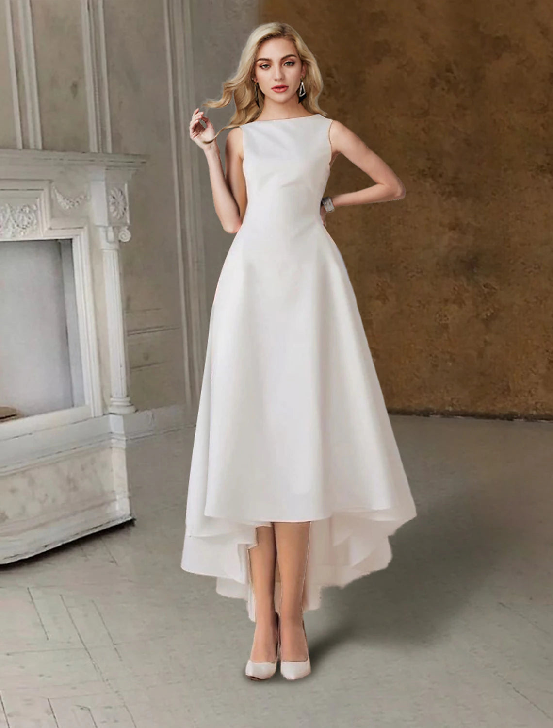 Luolandi Hall Little Dresses Wedding Dresses A-Line Scoop Neck Sleeveless Tea Length Satin Bridal Gowns With Pleats
