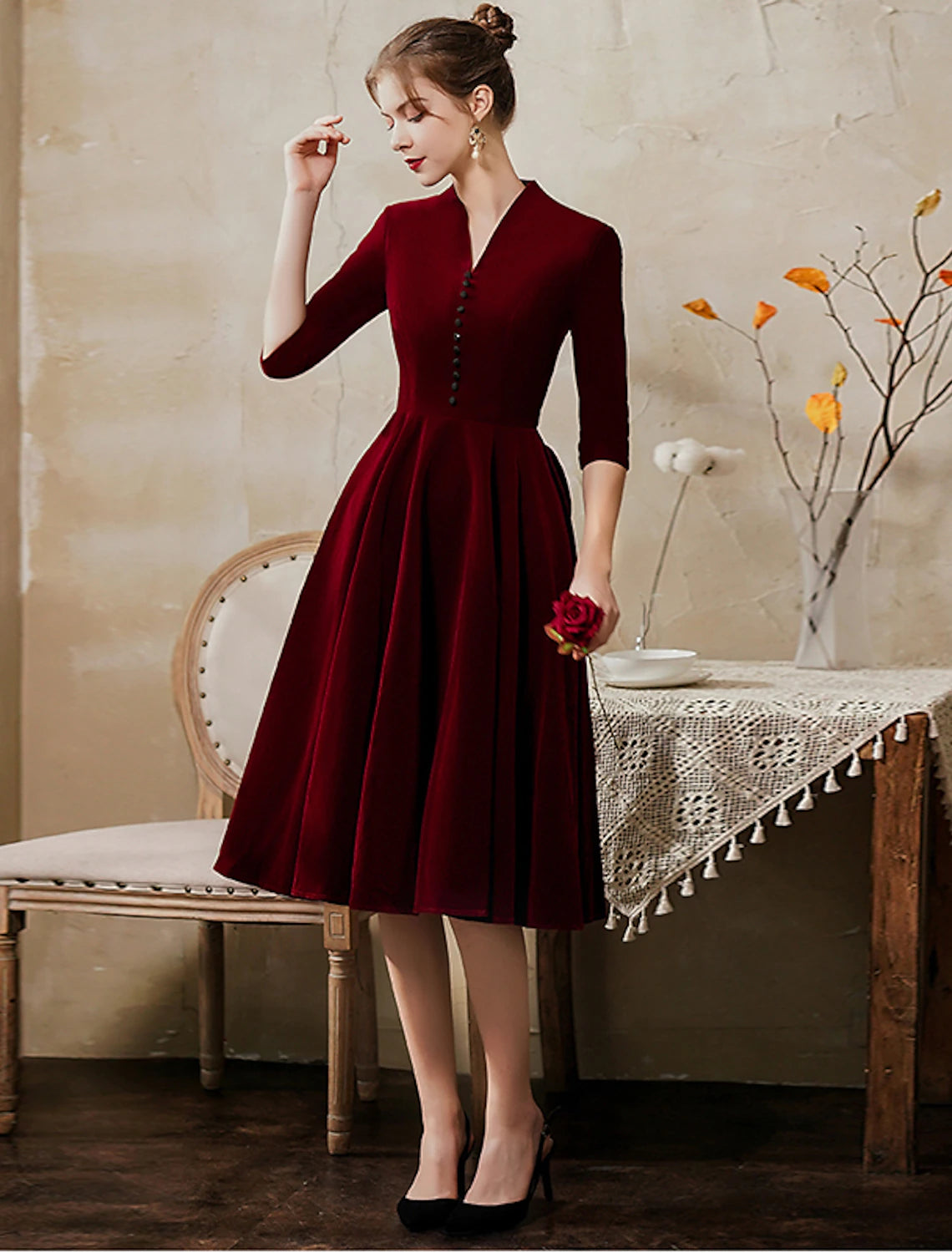 Luolandi A-Line Minimalist Vintage Party Wear Cocktail Party Dress V Neck Half Sleeve Tea Length Velvet