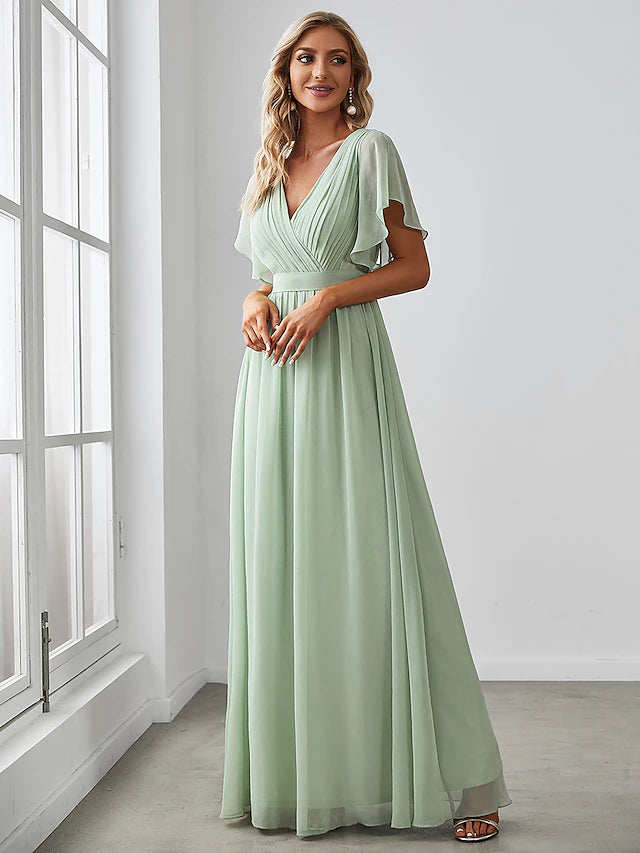 Luolandi A-Line Bridesmaid Dress V Neck Short Sleeve Elegant Chiffon with Ruffles