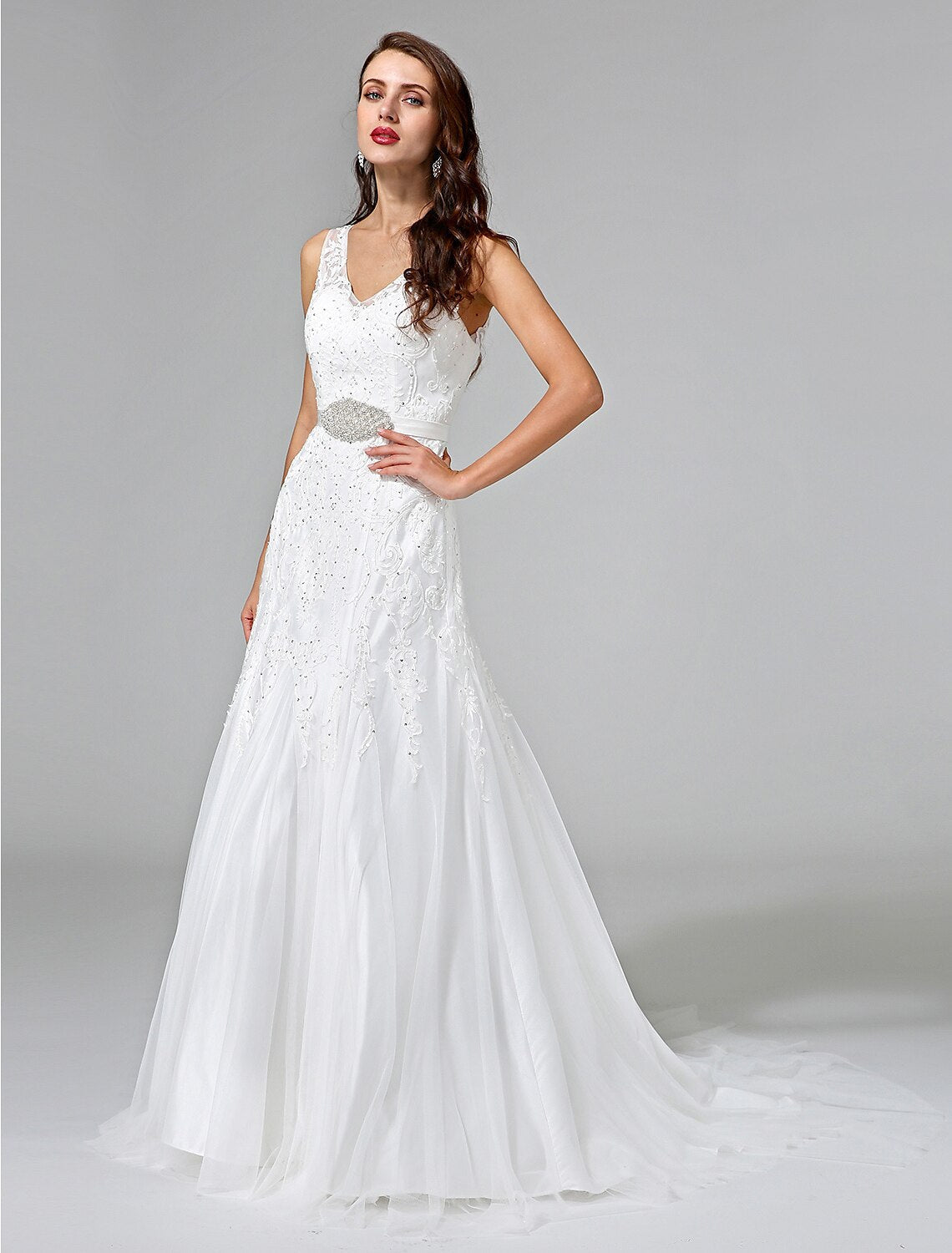 Luolandi Wedding Dresses A-Line V Neck Sleeveless Court Train Lace Bridal Gowns With Sash Beading