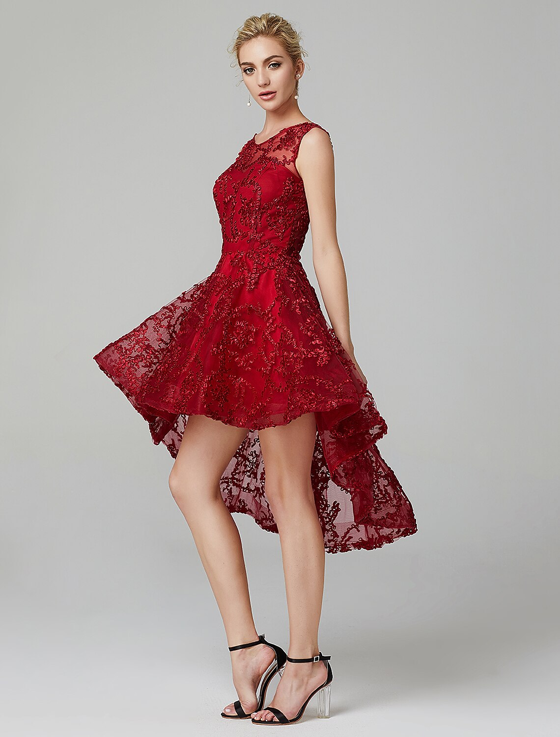 Luolandi A-Line Hot Dress Wedding Guest Cocktail Party Asymmetrical Sleeveless Illusion Neck Tulle