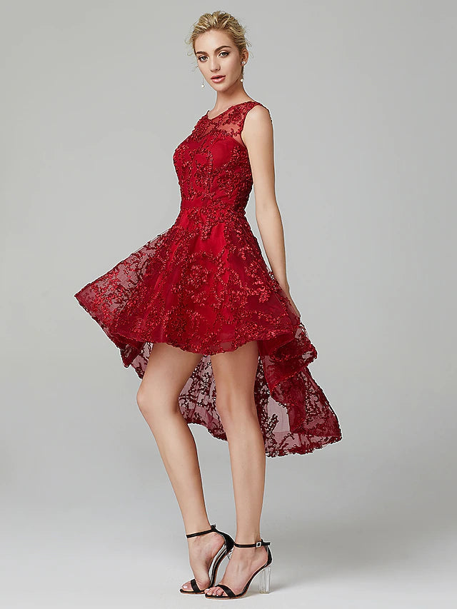 Luolandi A-Line Hot Dress Wedding Guest Asymmetrical Sleeveless Illusion Neck Tulle