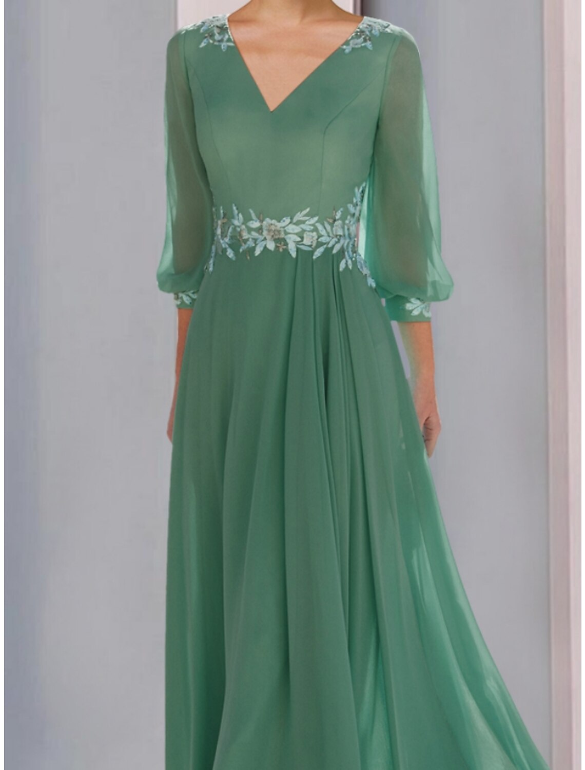 Luolandi A-Line Mother of the Bride Dress Wedding Guest Elegant V Neck Ankle Length Chiffon Lace 3/4 Length Sleeve with Ruching