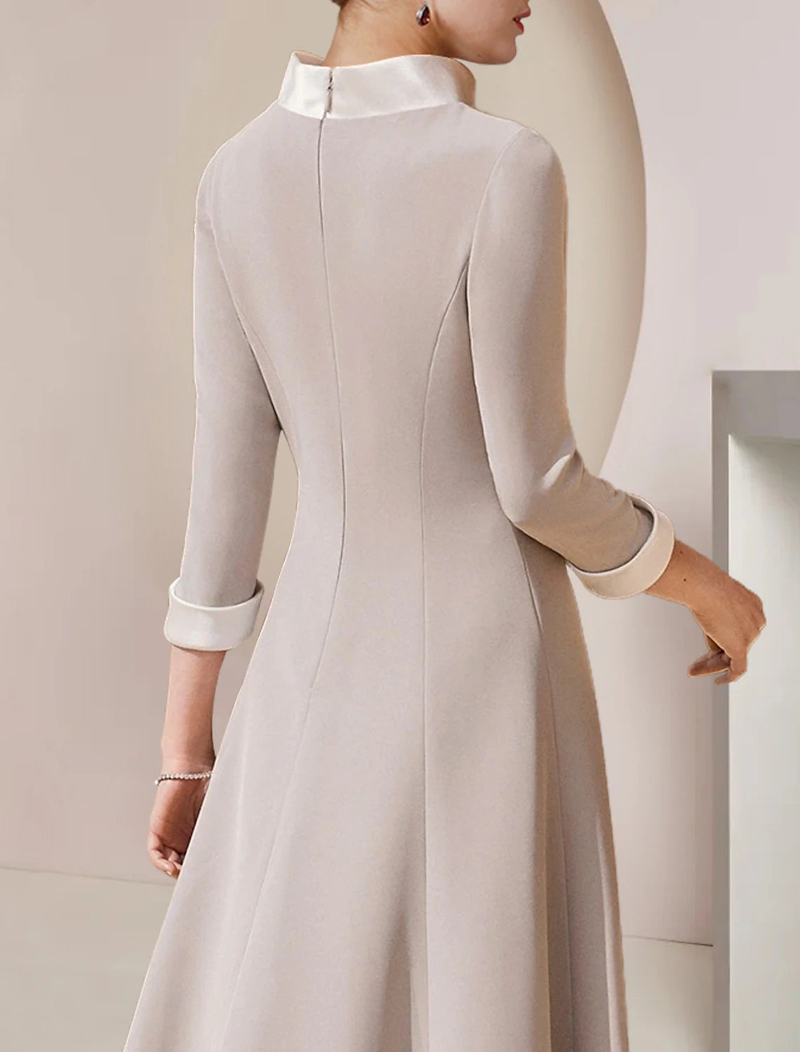 Luolandi A-Line Mother of the Bride Dress Formal Wedding Guest Party Elegant High Neck Asymmetrical Tea Length Satin 3/4 Length Sleeve with Bow(s) Crystal