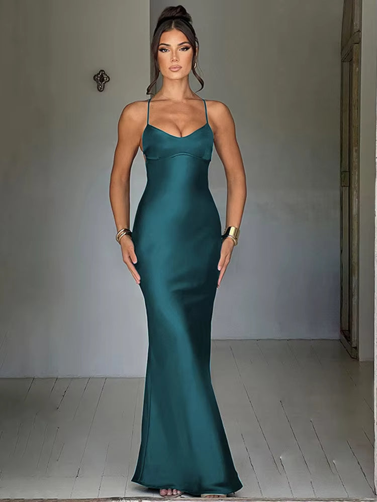 Luolandi Satin Backless Slim Sexy Dress Women Bodycon Long Summer Dress Mermaid Elegant NightClub Party Dresses Formal Dress