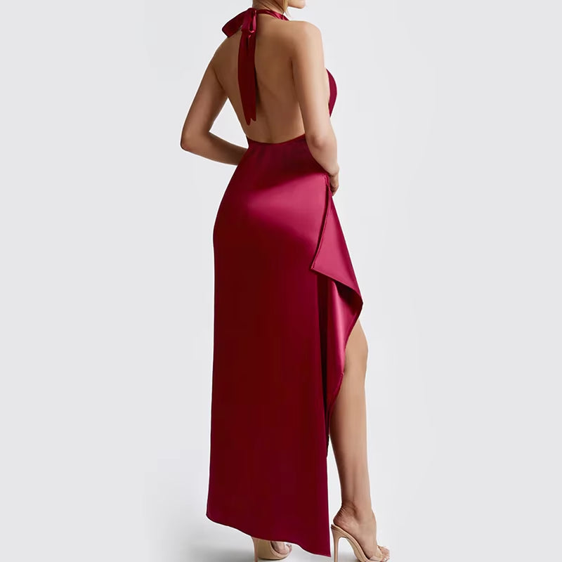 Luolandi Elegant Solid Color Lace Up Backless Dress For Women Sexy High Waist Slim Fit Gorgeous High-End Evening Party Dress