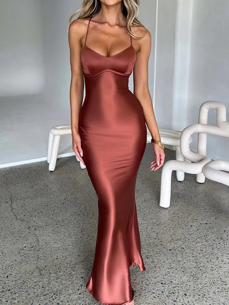 Luolandi Satin Backless Slim Sexy Dress Women Bodycon Long Summer Dress Mermaid Elegant NightClub Party Dresses Formal Dress