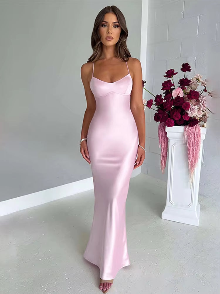 Luolandi Satin Backless Slim Sexy Dress Women Bodycon Long Summer Dress Mermaid Elegant NightClub Party Dresses Formal Dress