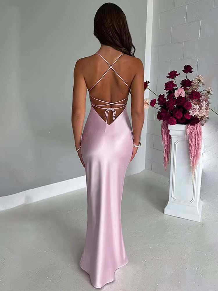 Luolandi Satin Backless Slim Sexy Dress Women Bodycon Long Summer Dress Mermaid Elegant NightClub Party Dresses Formal Dress