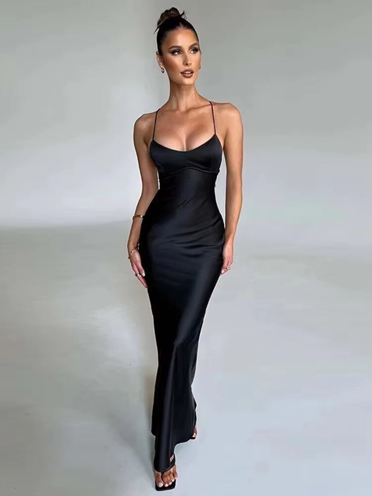 Luolandi Satin Backless Slim Sexy Dress Women Bodycon Long Summer Dress Mermaid Elegant NightClub Party Dresses Formal Dress