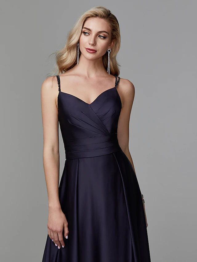 Luolandi A-Line Prom Dresses Beautiful Back Dress Evening Party Floor Length Sleeveless Spaghetti Strap Satin Crisscross Back with Beading